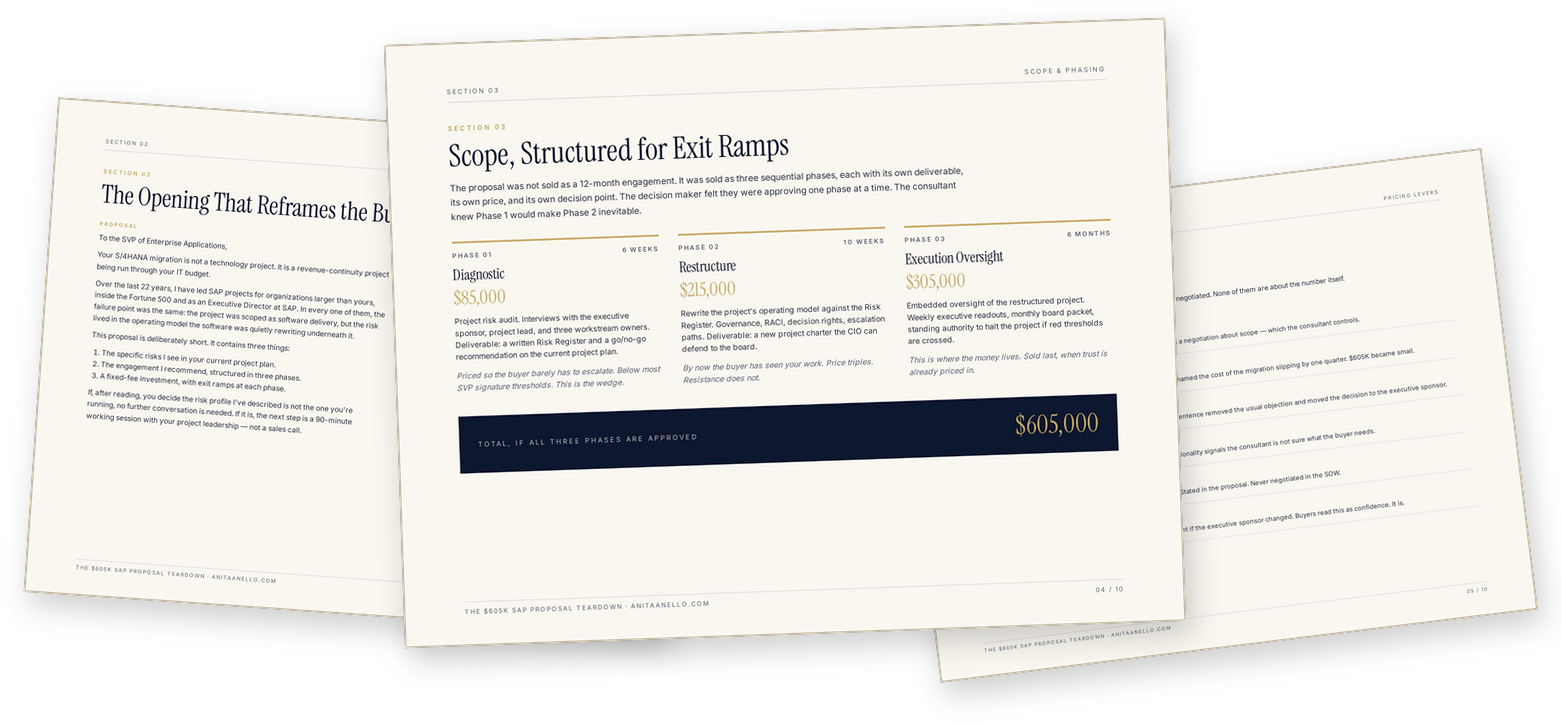 Three annotated pages of the redacted $605K SAP proposal teardown, showing the opening letter, phased scope totaling $605,000, and pricing levers